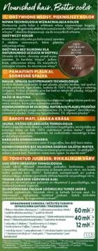 Pudełko odżywczej farby do włosów w kolorze brązowym, z grafiką przed/po i tekstem w kilku językach.