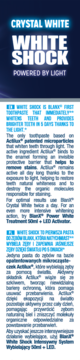 BlanX White Shock Crystal White, fragment opakowania pasty wybielającej aktywowanej światłem, tekst na granatowym tle.