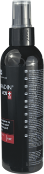 Czarny lotion Seboradin MEN+ przeciw wypadaniu włosów z atomizerem, widok z boku, widoczne wielojęzyczne opisy.