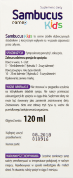 Tył opakowania syropu Sambucus Kids 120 ml, suplementu diety, z widocznymi szczegółami użycia i datą.