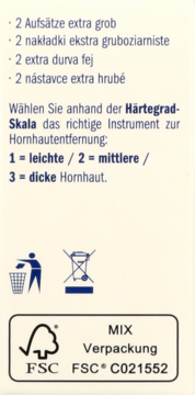 Białe opakowanie Fusswohl z tekstem o 2 gruboziarnistych nakładkach do usuwania zrogowaceń i symbolami recyklingu.
