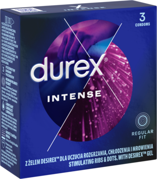 Durex Intense prezerwatywy z żelem Desirex, opakowanie 3 szt., granatowe z fioletowymi detalami, widok z przodu.