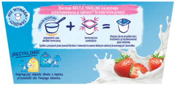 Nestle Yogolino deserek truskawkowy. Opakowanie produktu, grafika z truskawkami w mleku i informacją: nie wymaga lodówki.