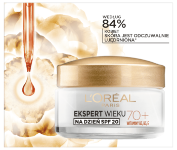 L'Oréal Ekspert Wieku 70+ krem na dzień SPF 20, ujędrniający, w biało-złotym słoiczku, widok z przodu.