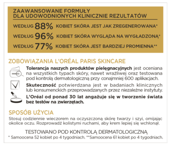 Grafika L'Oreal Ekspert Wieku 70+ krem na noc: udowodnione wyniki redukcji zmarszczek i ujędrnienia skóry.