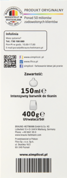 Tył opakowania barwnika do tkanin Simplicol. Widoczne składniki: 150ml intensywny barwnik, 400g utrwalacz/sól.