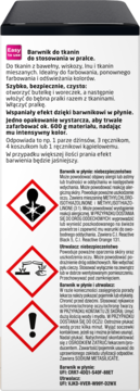 Tył opakowania barwnika Simplicol do tkanin w płynie, z polskimi instrukcjami i trzema symbolami zagrożenia GHS.
