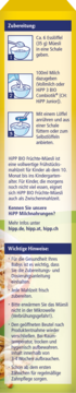 Etykieta Musli wielozbożowego HiPP BIO z instrukcjami przygotowania i ważnymi uwagami w języku niemieckim.