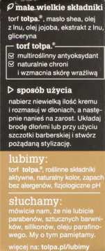 Tolpa krem do brody, tył opakowania z szaro-brązowym tłem i białym tekstem: składniki, użycie, korzyści.