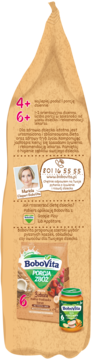 Tył beżowego opakowania BoboVita Porcja Zbóż kasza manna 6+ dla niemowląt, obok mały słoiczek produktu.