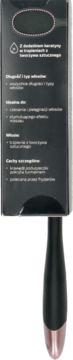 Profesjonalna szczotka do włosów z keratyną, czarne pudełko z opisem, widoczna ergonomiczna rączka czarno-miedziana.