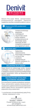 Wąska etykieta pasty Denivit Whitening Expert, usuwa do 90% przebarwień w 10 dni, 3x bielsze zęby.