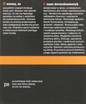 Strona z ulotki o dermokosmetyku na cellulit, z tekstem w języku polskim, na czarno-pomarańczowym tle.