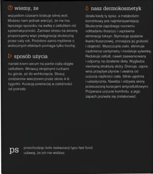 Tekst o dermokosmetyku na cellulit i modelowanie sylwetki w dwóch kolumnach na ciemnym tle, z nagłówkami.