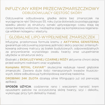 Tekstowy opis infuzyjnego kremu przeciwzmarszczkowego z genisteiną, kawiorem i 24k złotem.