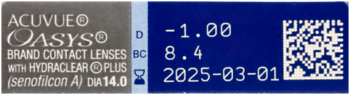 ACUVUE OASYS soczewki kontaktowe, opakowanie z parametrami -1.00 BC 8.4 i datą ważności 2025-03-01.