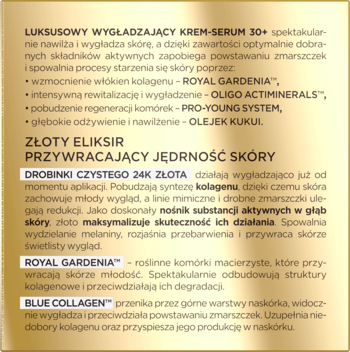 Złoty panel informacyjny opisujący krem-serum Gold Lift Expert 30+, z 24K złotem i kolagenem.