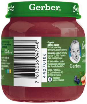 Tył szklanego słoiczka Gerber Organic owocowy deserek jabłko-jagoda, z widocznym kodem kreskowym i etykietą.