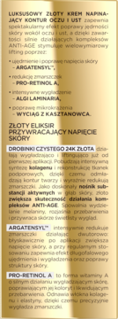 Opis luksusowego złotego kremu napinającego kontur oczu i ust z 24K złotem i Anti-Age, tekst na złotym tle.