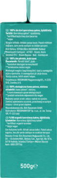 Tył turkusowego opakowania kawy mielonej BIO enerBiO ROSSMANN, 100% Arabica, 500g, informacja o wegan.