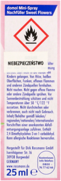 Różowo-biały tył opakowania Domol Mini-Spray Nachfüller Sweet Flowers 25 ml, z symbolem łatwopalności.