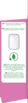 Różowe opakowanie AirWick elektrycznego odświeżacza, z wkładem, energooszczędnym logo i tekstem o technologii.