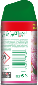Tył opakowania wkładu Air Wick Freshmatic 250 ml, z zielonym wieczkiem, instrukcjami i kodem kreskowym.
