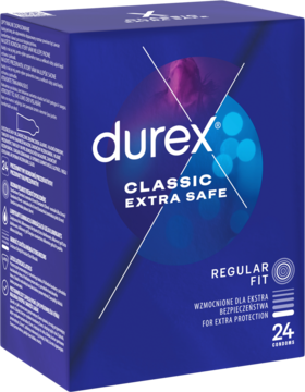 Granatowe opakowanie Durex Classic Extra Safe, 24 wzmocnione prezerwatywy, widok pod kątem.