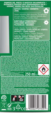 Tył zielonego opakowania wkładu Air Wick Freshmatic Białe Kwiaty, z listą składników i ostrzeżeniami.