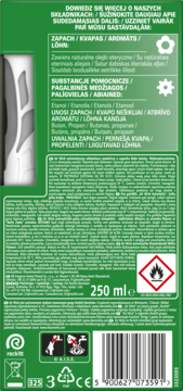 Tył zielonego opakowania Air Wick Freshmatic 250 ml ze składnikami, ostrzeżeniami i kodem kreskowym.