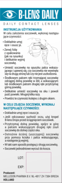 B-LENS DAILY: biała ulotka z instrukcją użycia jednodniowych soczewek kontaktowych, z niebieskim nagłówkiem i grafiką.