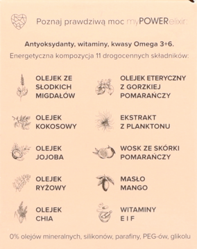 Lista 11 drogocennych składników myPOWERelixir, m.in. olejek migdałowy, kokosowy, jojoba, witaminy E i F.