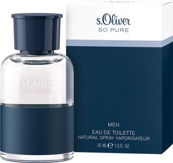Aromatyczno-fougere s.Oliver So Pure woda toaletowa męska, butelka z niebieską podstawą przed biało-niebieskim pudełkiem.