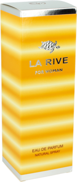 Złote pudełko perfum La Rive For Woman, widok z przodu, ze srebrnym logo żółwia i napisem Eau de Parfum.
