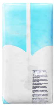 Tył biało-błękitnego opakowania pieluszek jednorazowych Premium XL 14-20 kg z ostrzeżeniami.