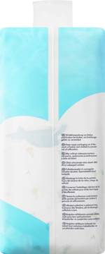 Tył opakowania pieluszek jednorazowych premium, rozmiar maxi, niebiesko-biały, z ostrzeżeniem o uduszeniu.