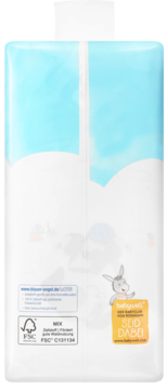 Tył opakowania jednorazowych pieluszek Babywell junior, białe z chmurami, certyfikaty Blue Angel i FSC.