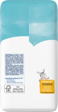Tył opakowania pieluszek Premium Maxi Plus 9-15 kg, biało-błękitne, z logo babywelt, tekstami i osiołkiem.