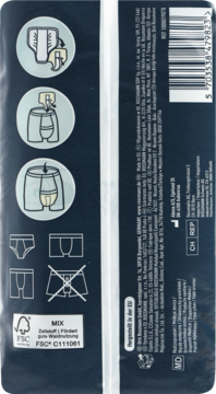 Tył ciemnoniebieskiego opakowania wkładek higienicznych Facelle Men Level 2, z piktogramami użytkowania i logo FSC.