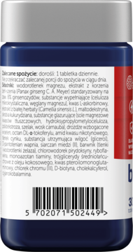 Tył granatowej butelki Bodymax Active suplement diety ze szarą zakrętką, biała etykieta ze składnikami i kodem kreskowym.