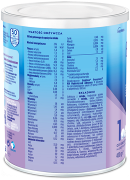Puszka mleka początkowego dla niemowląt od urodzenia, 400g, widok z boku na szczegółową tabelę wartości odżywczych.