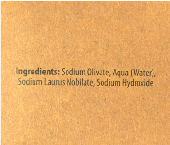 Tył mydła d'Alep Tradition 190g, beżowe opakowanie z listą składników: Sodium Olivate, Aqua, Sodium Laurus Nobilate.