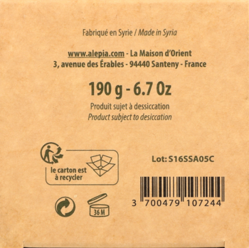 Tył opakowania mydła d'Alep 190g, z widocznym kodem kreskowym, masą i symbolami recyklingu.