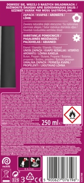 Tył purpurowego opakowania odświeżacza powietrza, etykieta ze składem, ostrzeżeniami i kodem kreskowym, 250 ml.