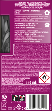 Tył purpurowego opakowania Air Wick Freshmatic 250 ml, widoczne składniki, ostrzeżenie o zapalności i kod kreskowy.