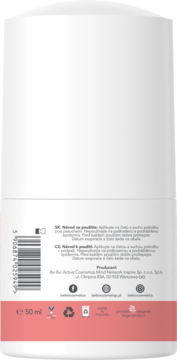 Tył białego dezodorantu beBIO roll-on 50 ml z ałunem, goji i granatem, różowy dół, barcode, instrukcje SK/CZ.