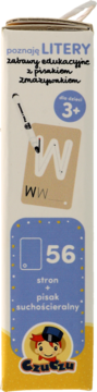 Białe pudełko Czuczu Poznaję Litery 3+, 56 stron zmazywalnych z pisakiem. Karta W. Widok frontowy.