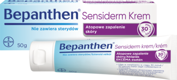 Bepanthen Sensiderm Krem, biało-niebieskie opakowanie i tuba 50g na atopowe zapalenie skóry, bez sterydów.