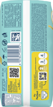 Tył turkusowego opakowania pieluch Pampers, z żółtymi polami rozmiarów 2, 3, 4 (kg) i hasłem My Perfect Fit.