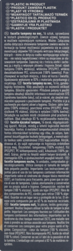 Tył opakowania z czarnym tłem i białym tekstem, widok na listę języków i szczegółowy opis tamponów na noc, zawiera plastik.